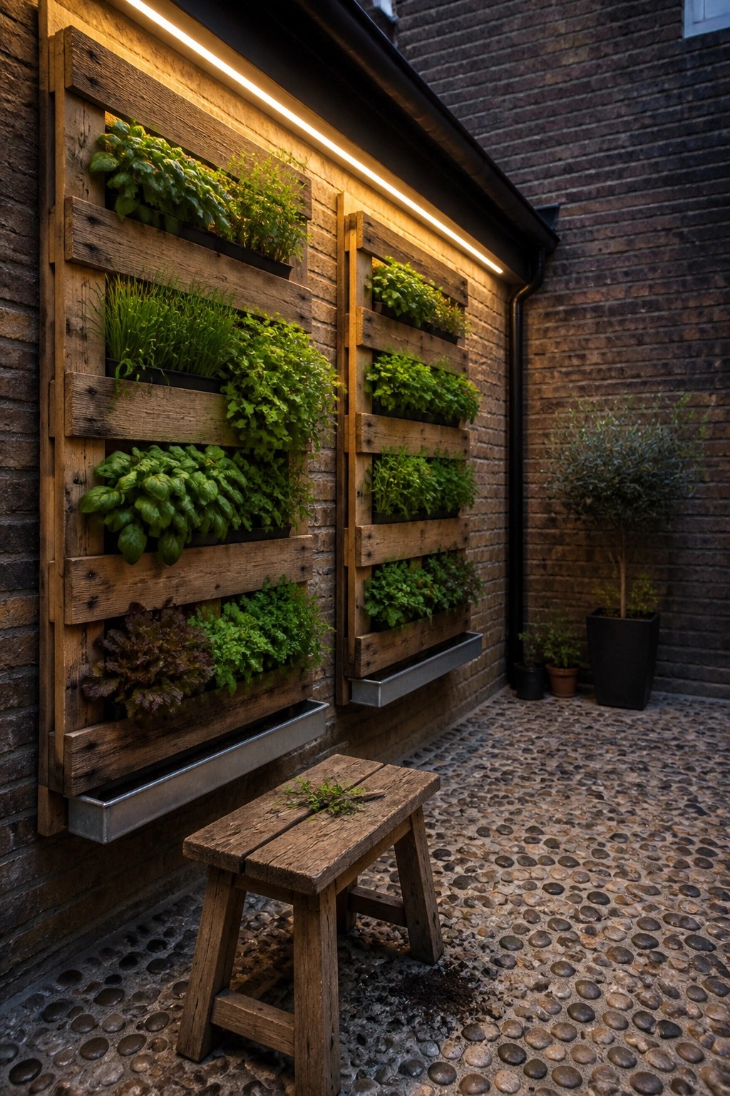 Wooden pallet planters mounted vertically on a brick wall and filled with rows of green plants, with metal troughs at the base and a cobblestone patio in front.