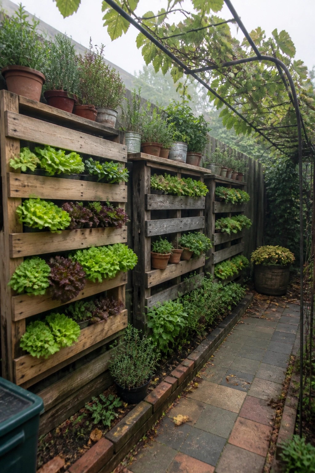 Wooden pallets stacked vertically along a garden path and fence, filled with leafy green and purple vegetables in soil pockets.