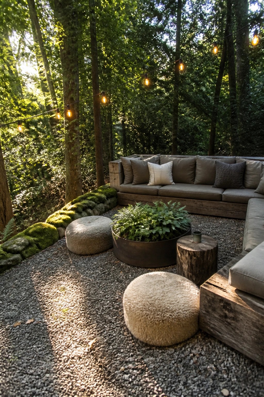 A gravel patio surrounded by trees with a large wooden sectional sofa, round ottomans, a metal planter, and string lights overhead.