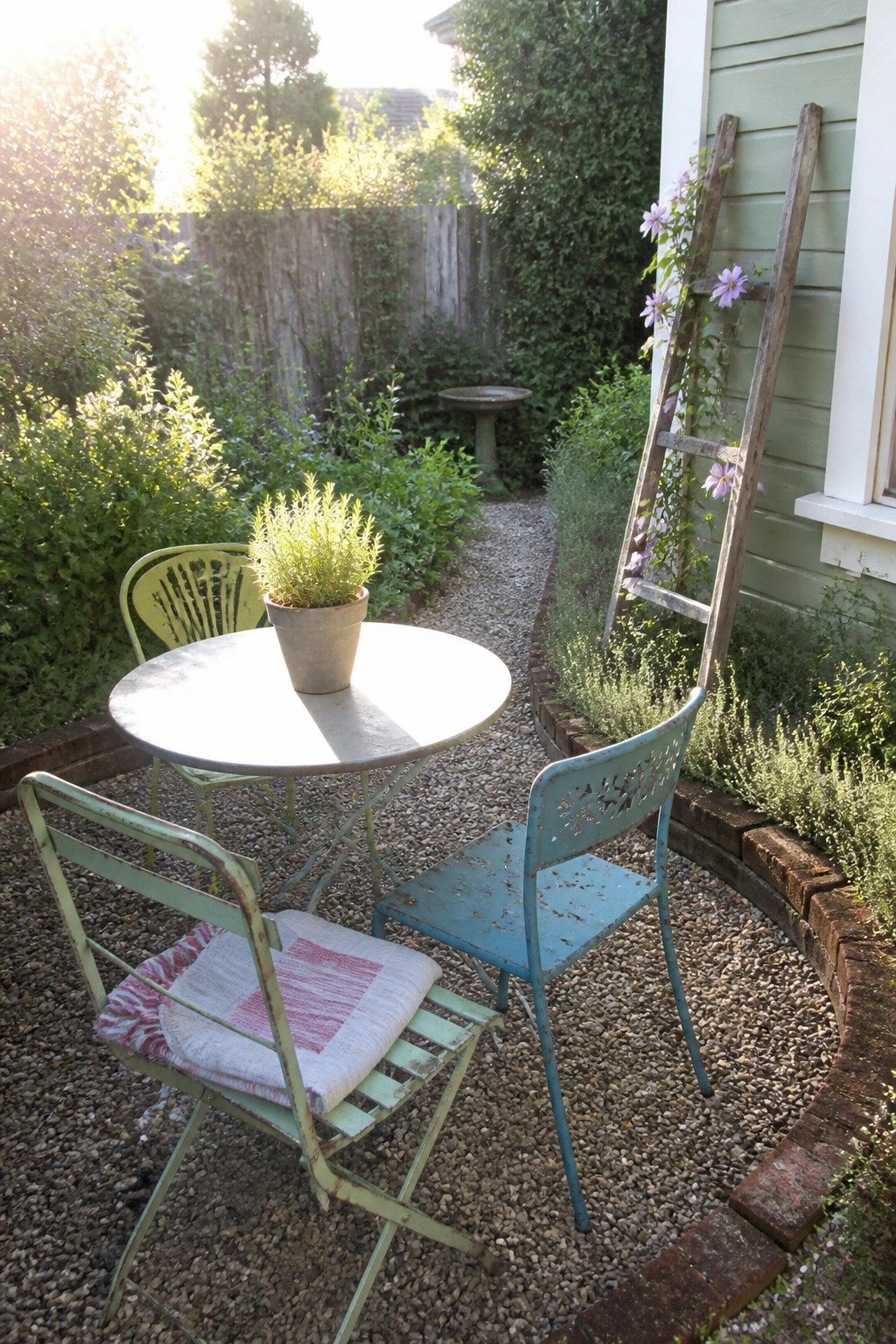 A round metal table with three painted metal chairs arranged on gravel next to a house wall with a wooden ladder and climbing flowers.
