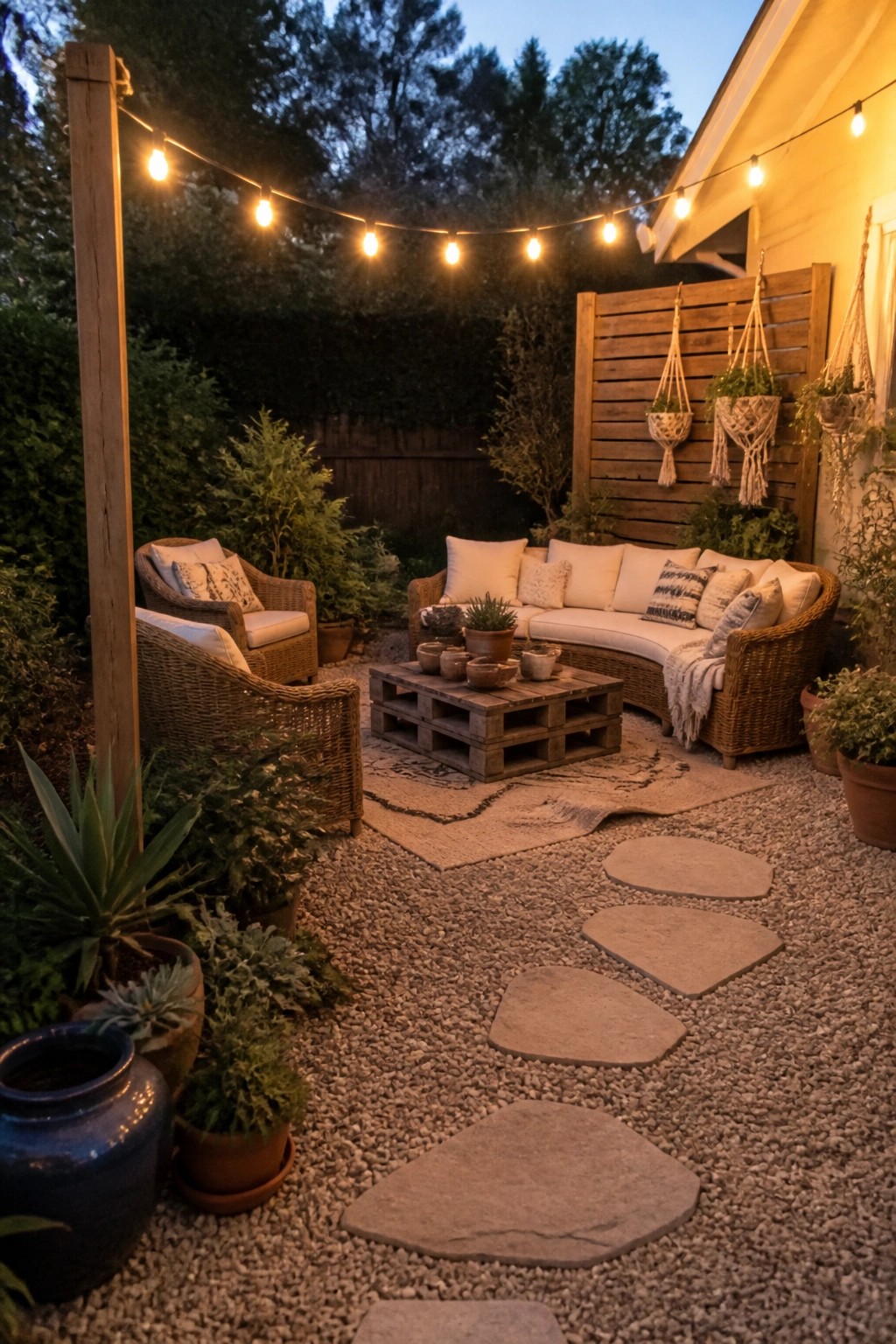 A gravel patio at dusk with wicker seating, a wooden pallet table, a curving stone path, string lights, and potted plants.