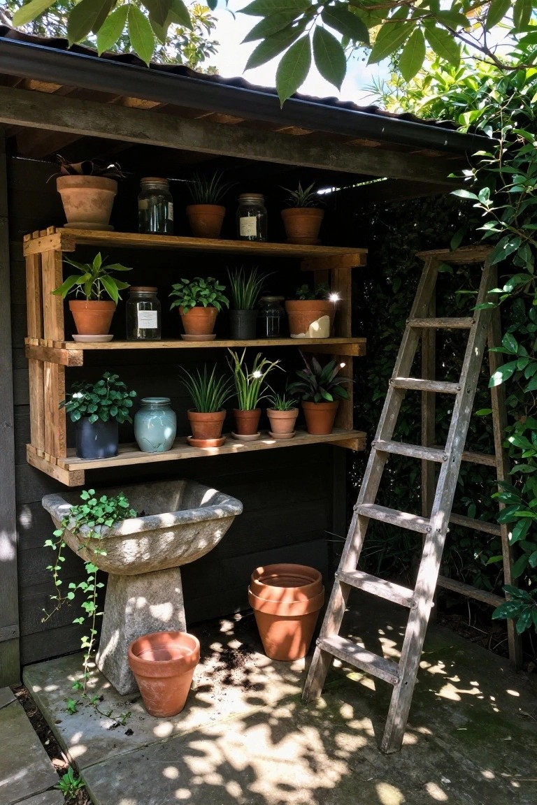 Wooden crate shelves mounted on a shed wall hold terracotta pots and glass jars beside a stone birdbath and leaning wooden ladder.