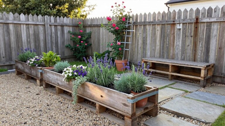 Wooden pallet bench with potted lavender beside climbing roses on trellis in garden