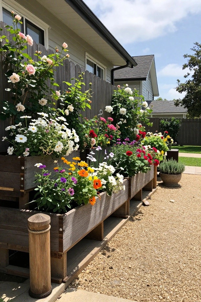 A row of long weathered wooden planters filled with colorful flowers sits along a gravel path next to a house.