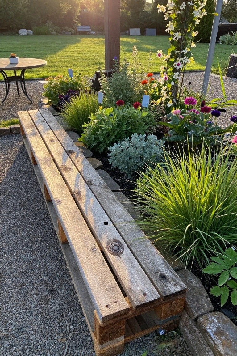 Rustic wooden pallet bench beside colorful flowers and tall grasses in sunny garden.