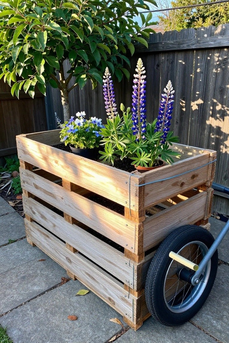 A rectangular wooden pallet planter mounted on a single wheel, filled with potted lupines and other flowers, sits on a stone patio beside a wooden fence.