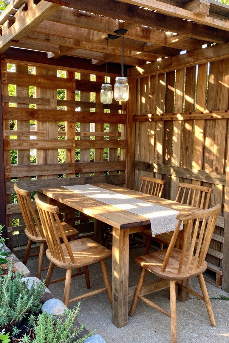 A wooden dining table and four chairs sit beneath a pergola built from weathered wood planks and lattice, with two glass jar lights hanging from the ceiling beams.