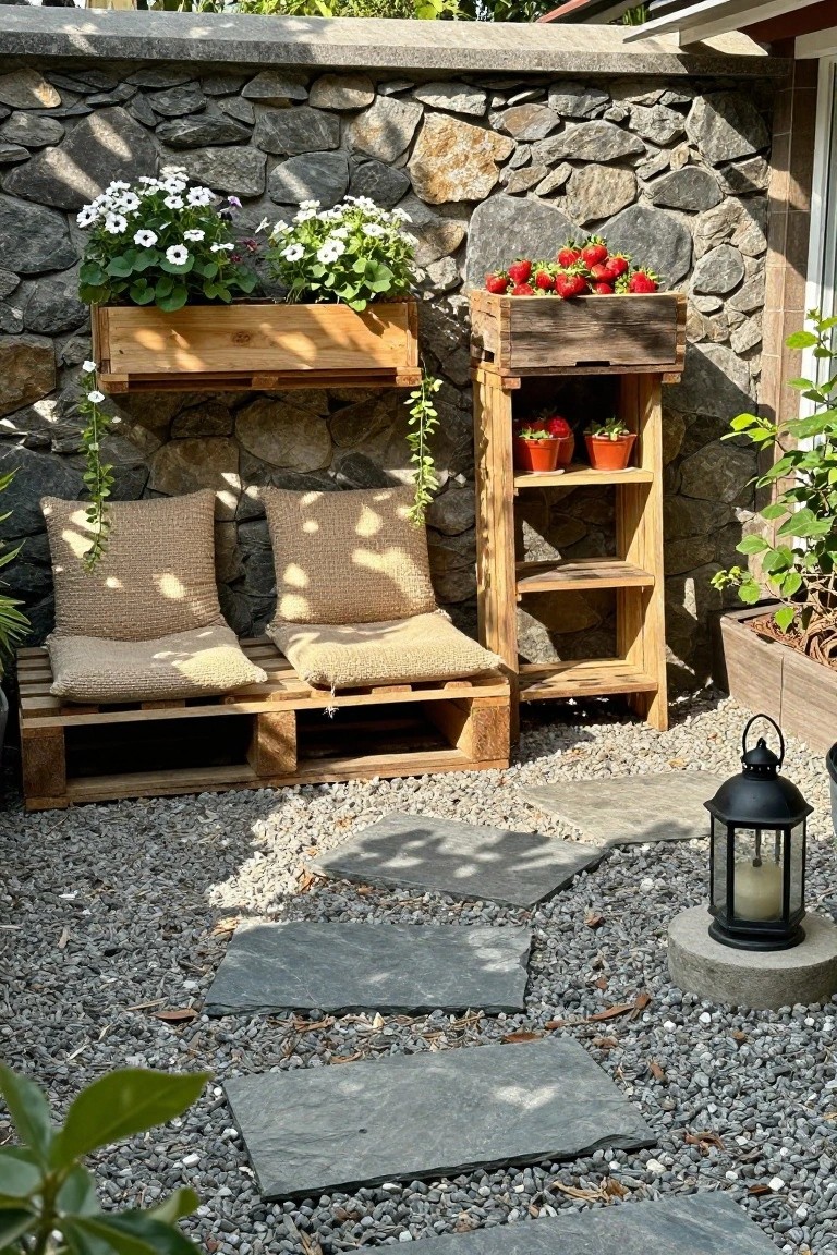 A rustic garden corner with a low wooden pallet bench topped with burlap cushions, positioned beside stacked wooden crate planters filled with strawberry plants and flowers, against a stone wall with a gravel path in the foreground.