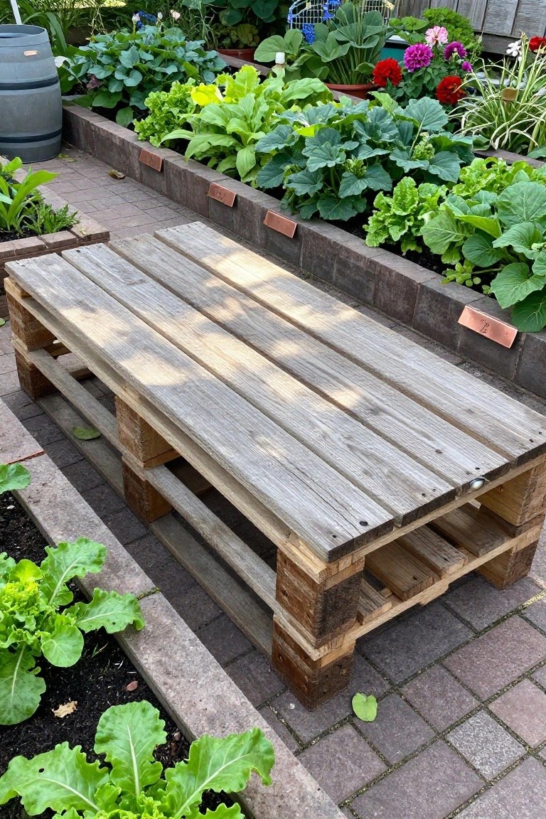 A weathered wooden pallet bench sits on a brick patio next to raised garden beds edged with bricks and filled with leafy plants and flowers.