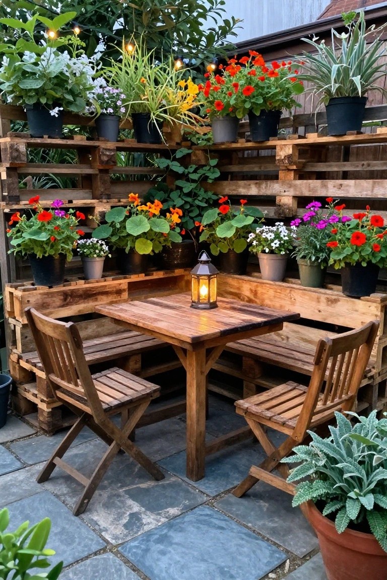 Wooden table with two folding chairs set between L-shaped pallet benches on a stone patio, with potted plants on multiple levels of pallet shelving behind.