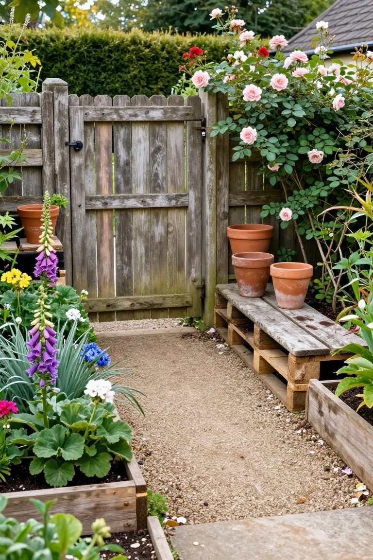 A gravel path runs through a cottage garden toward a wooden gate, with a low pallet bench holding terracotta pots on the right and raised flower beds on the left.