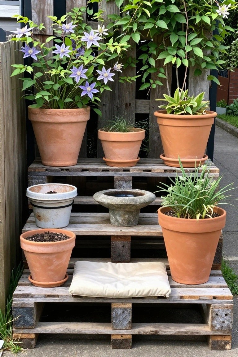 A tiered wooden pallet structure holding multiple terracotta pots with flowering vines and plants, plus a cushion on the lowest level.