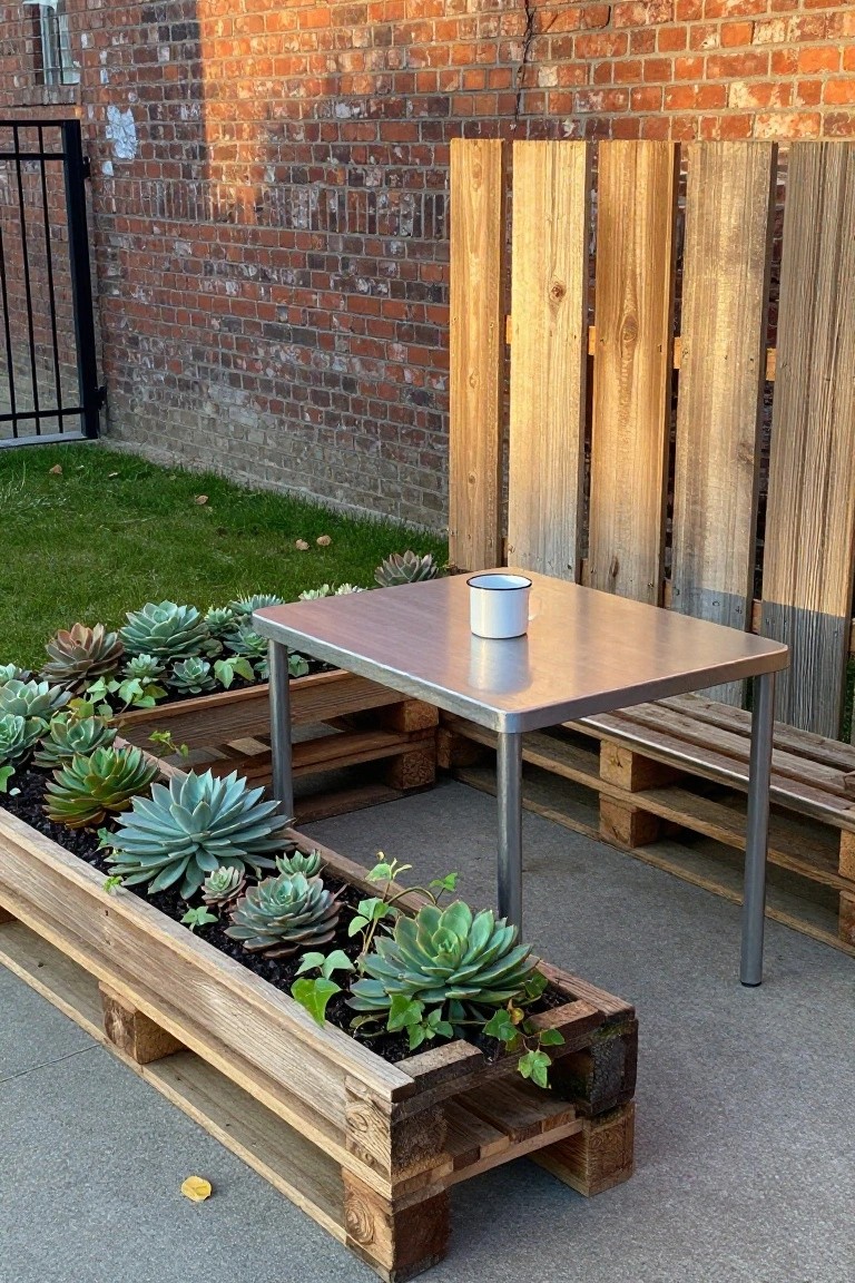 Wooden pallets repurposed into raised garden beds filled with succulents sit beside a metal topped table on a patio next to a brick wall.