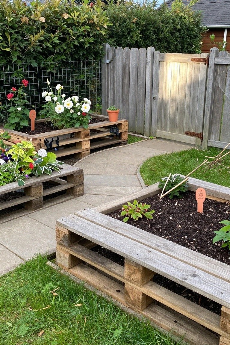 Wooden pallet planters with colorful flowers beside a curved stone garden path and fence