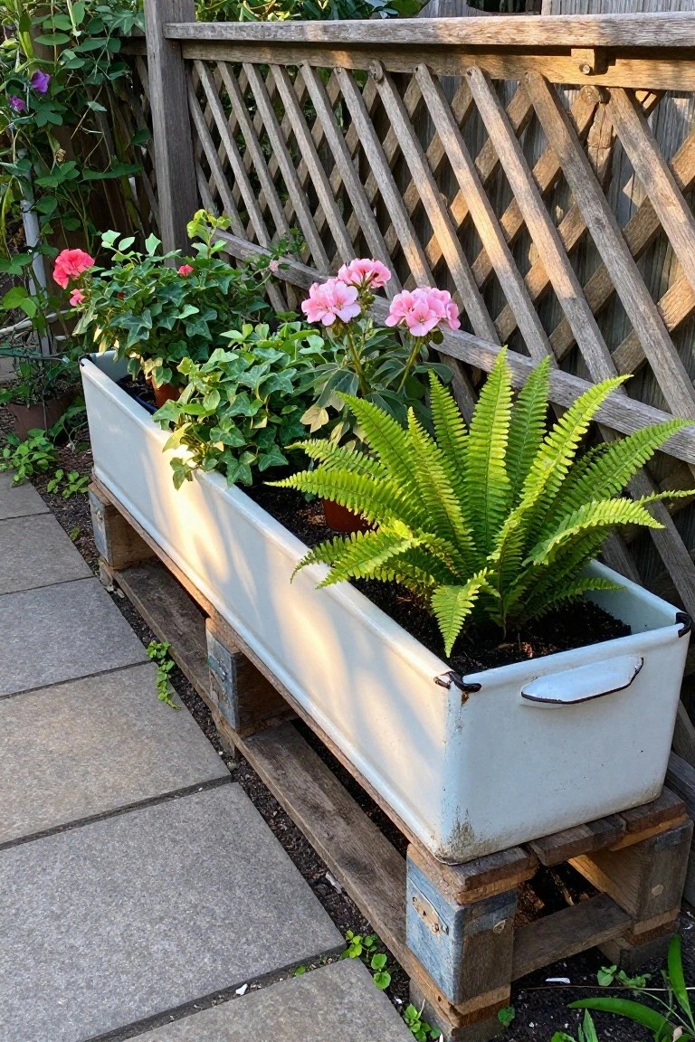 A long white metal trough planter with ferns, pink flowers, and ivy rests on stacked wooden pallets next to a stone path and lattice fence.