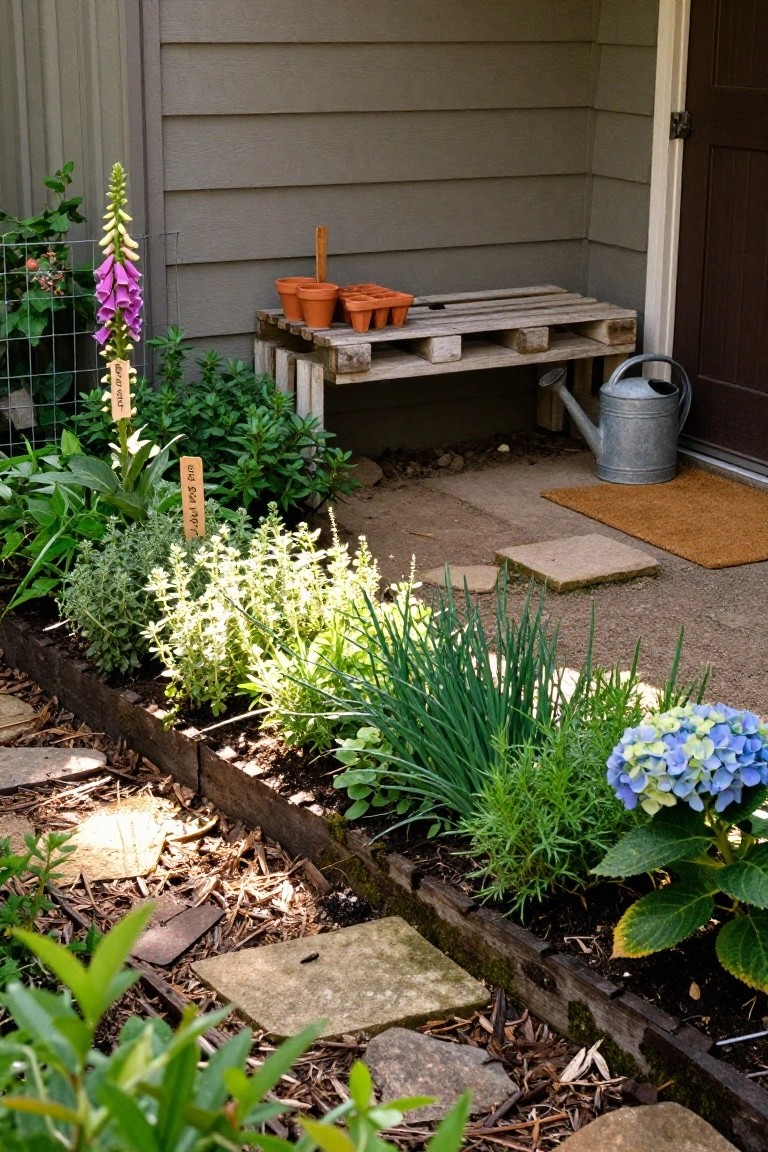 A weathered wooden pallet bench holding terracotta pots sits beside a raised garden bed filled with flowers including foxgloves and a blue hydrangea, next to a house wall.