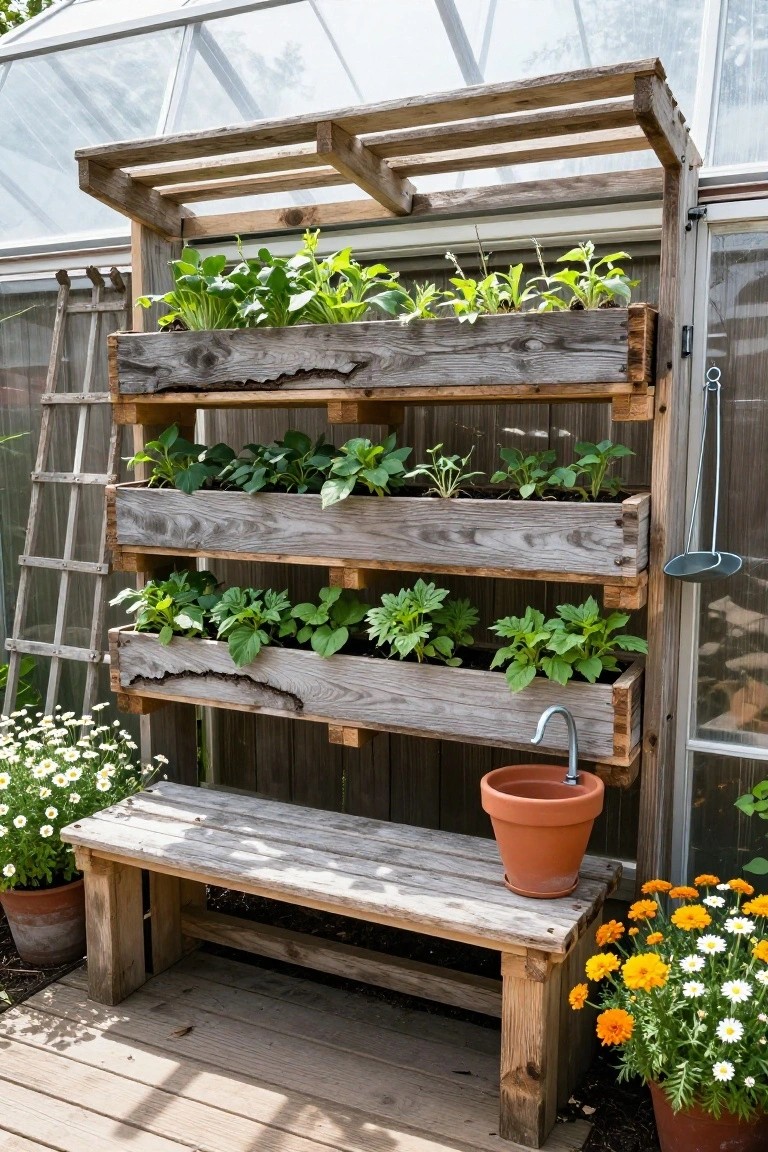 A multi-tier wooden planter structure made of weathered gray boards holds rows of green plants inside a greenhouse, with a bench and potted flowers at the base.
