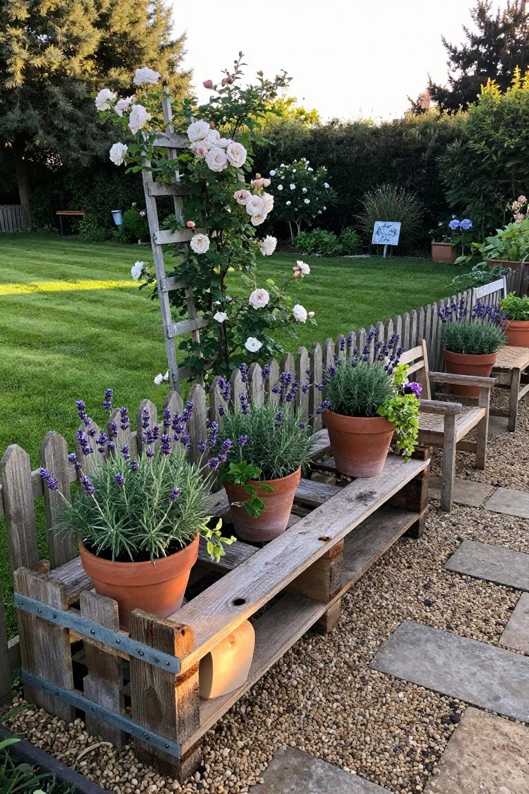 Wooden pallet bench with potted lavender beside climbing roses on trellis in garden