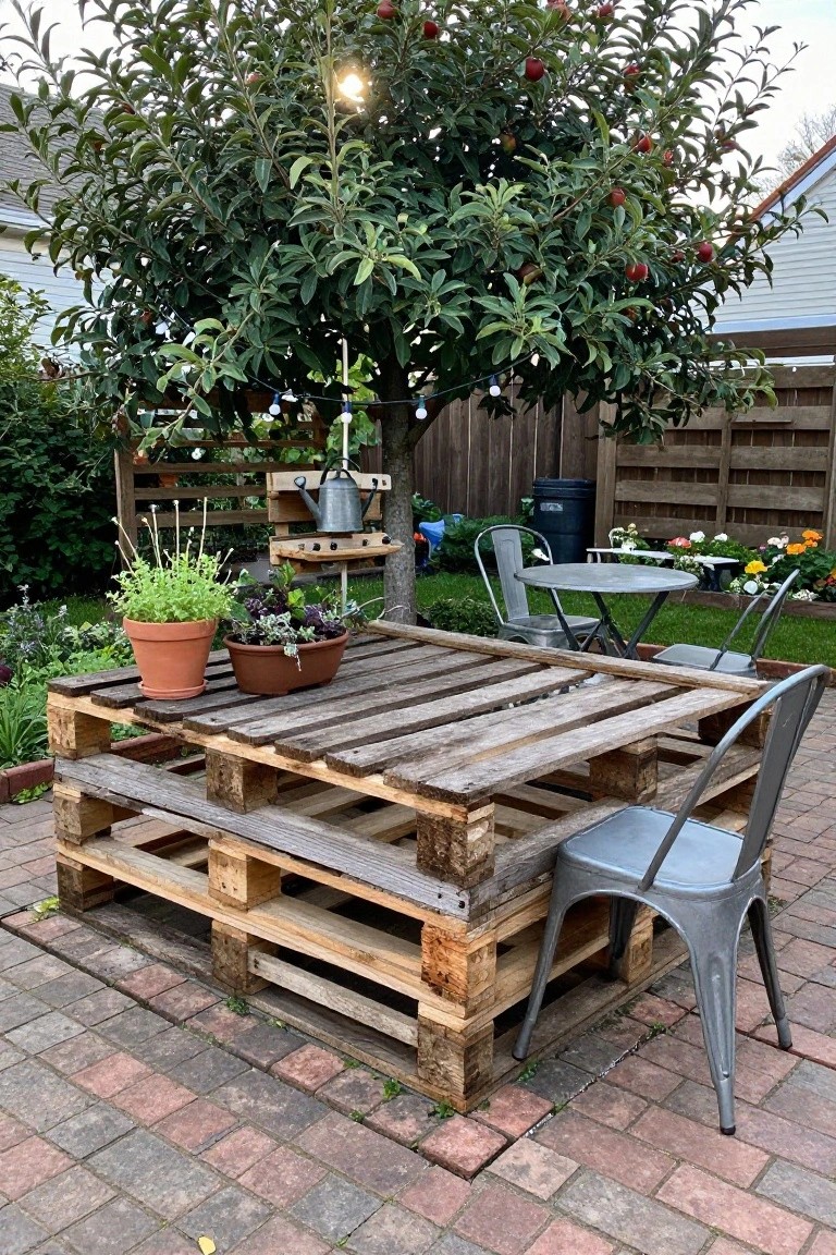 A large rectangular table made from stacked wooden pallets sits on a brick patio with several metal chairs around it and potted plants on top.