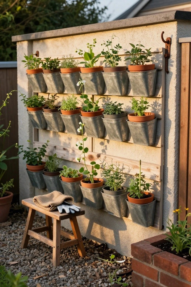 A garden wall with multiple rows of metal buckets holding various plants, attached to horizontal weathered wooden planks.