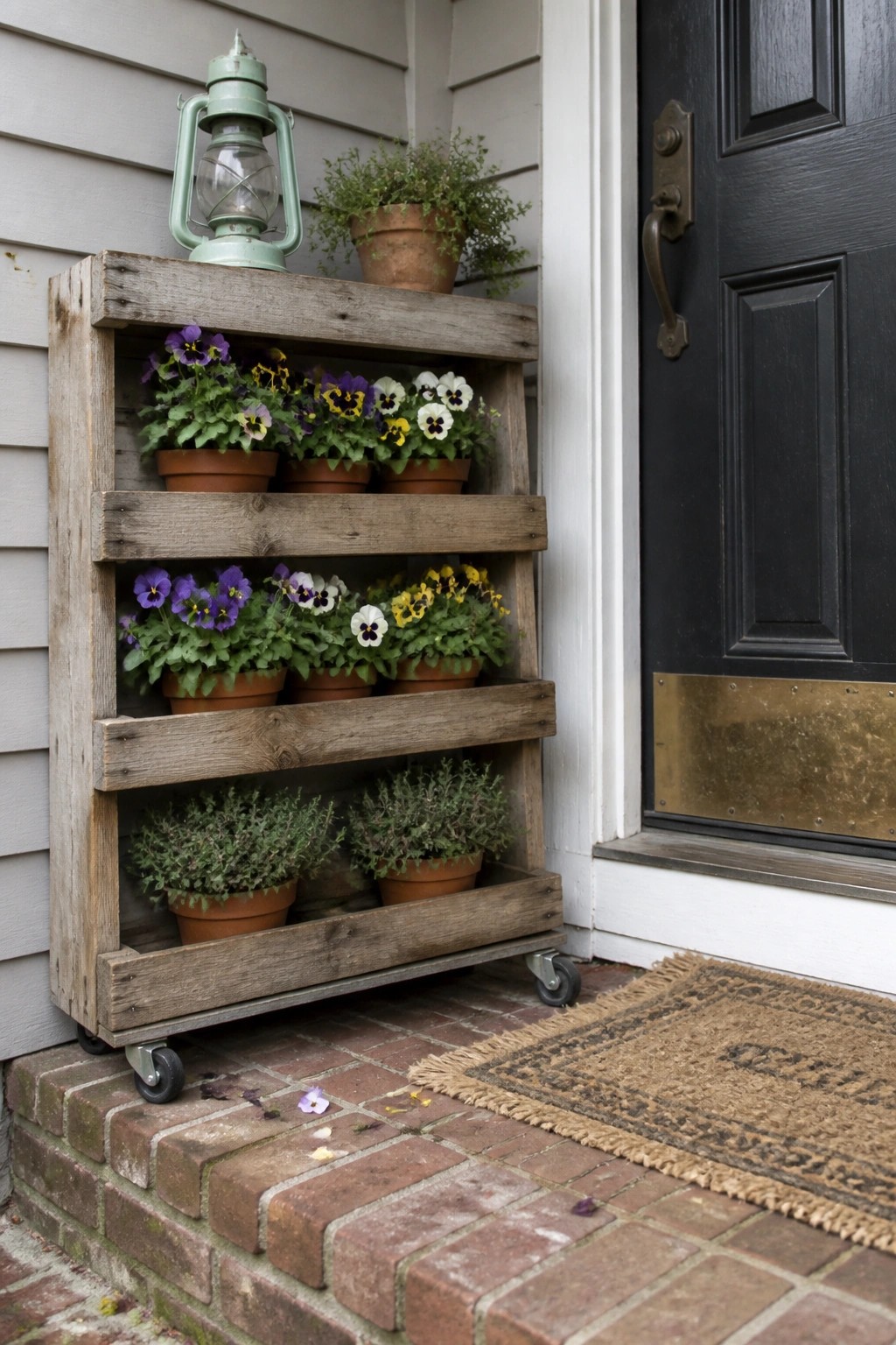 Wooden rolling shelf with potted pansies, herbs, and lantern by black door