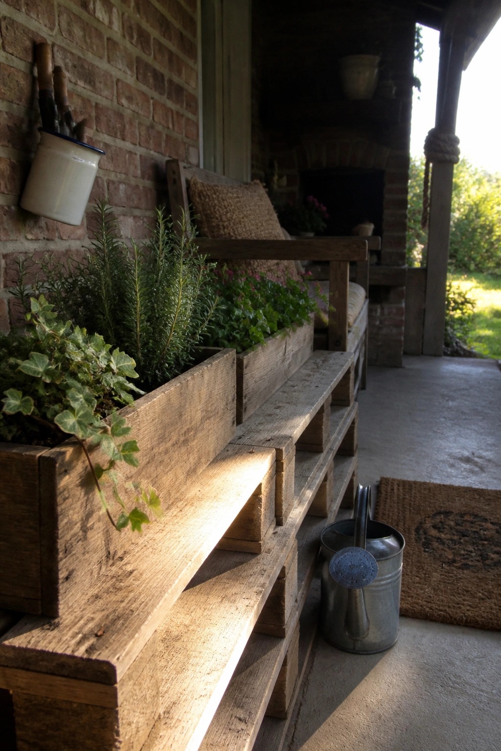 Wooden pallet bench with attached planters filled with green herbs and ivy on a brick porch beside a metal watering can.