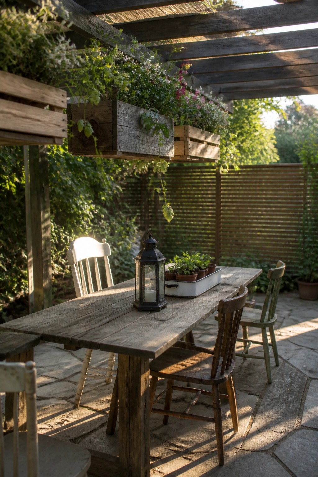 Rustic wooden patio table with lantern under hanging planters amid vintage chairs