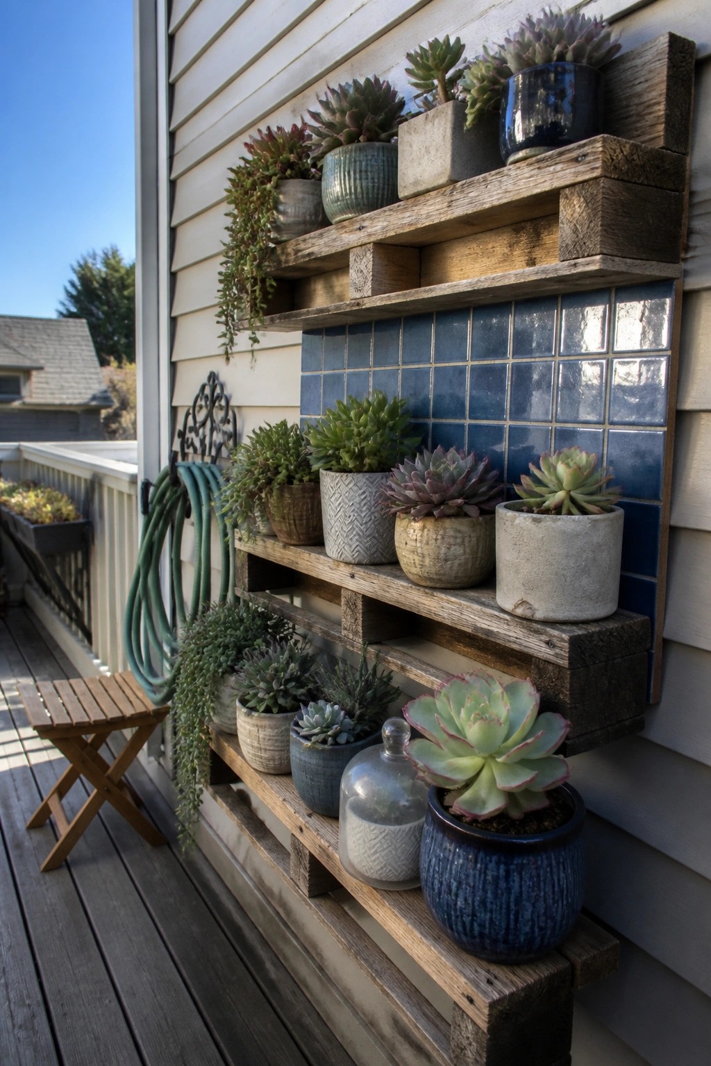 Potted succulents on rustic wooden pallet shelves against blue tiled wall