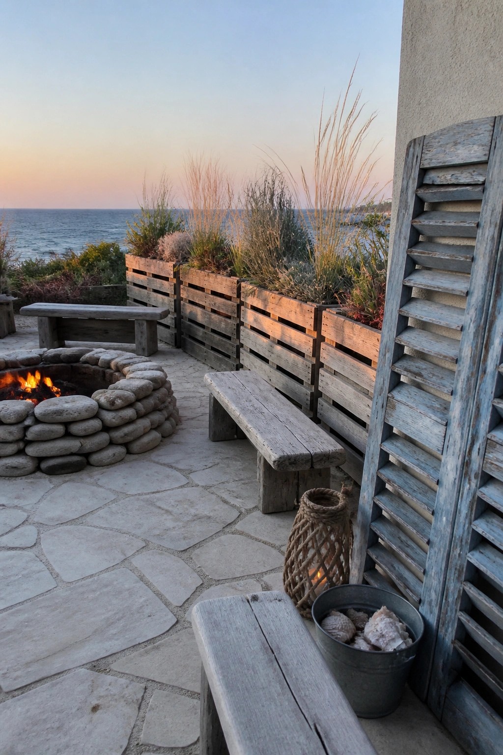 Stone patio with wooden benches, a fire pit, and multiple pallet wood planters filled with tall grasses.