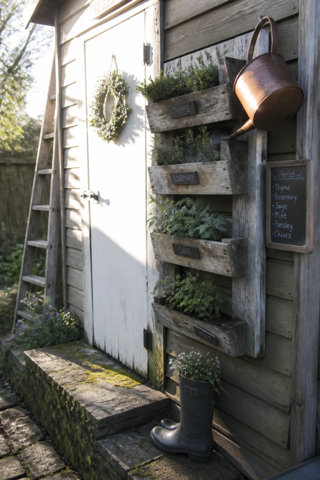 A wooden shed wall with a vertical pallet herb planter holding thyme, rosemary, sage, and mint, next to a copper watering can and a rubber boot used as a planter.