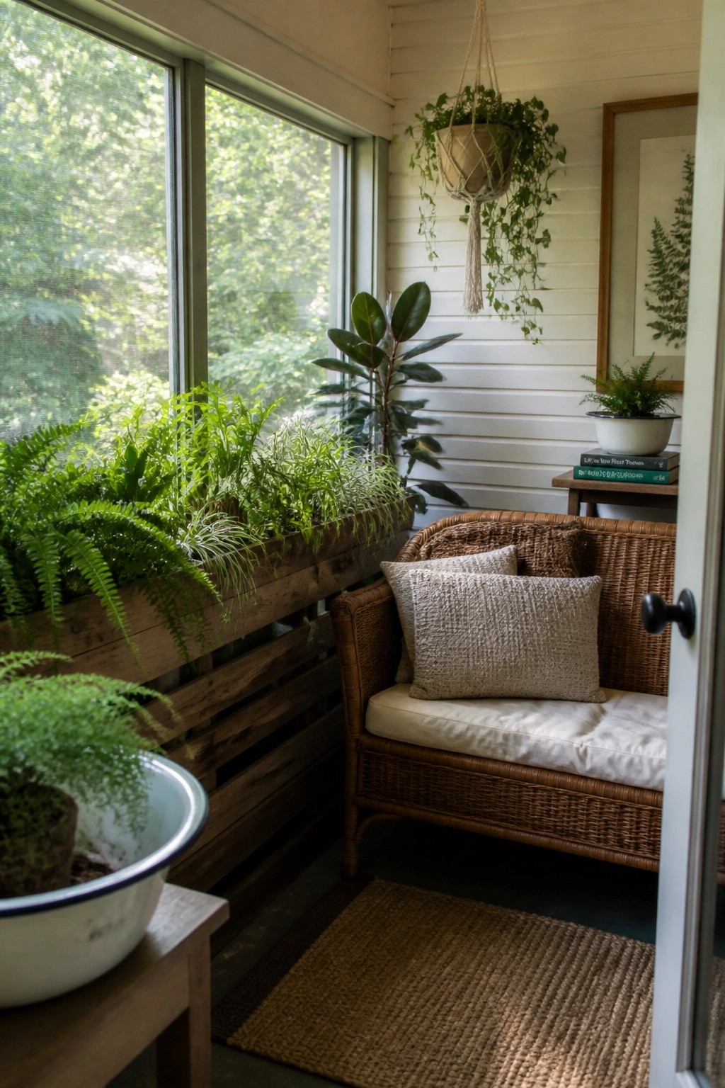 A long wooden pallet planter filled with ferns rests along a window ledge inside a room with white walls and a wicker sofa.