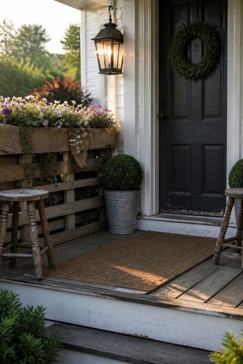 Rustic porch with black door, wreath, lit lantern, floral pallet planter, and doormat.