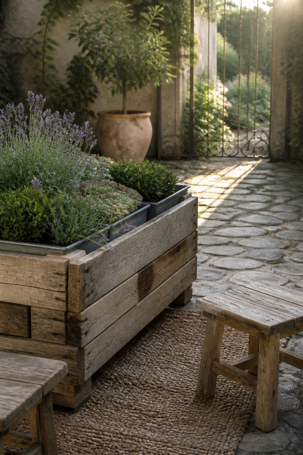 Weathered wooden pallet planters filled with lavender and shrubs rest on a woven rug next to a stone path in an outdoor garden.
