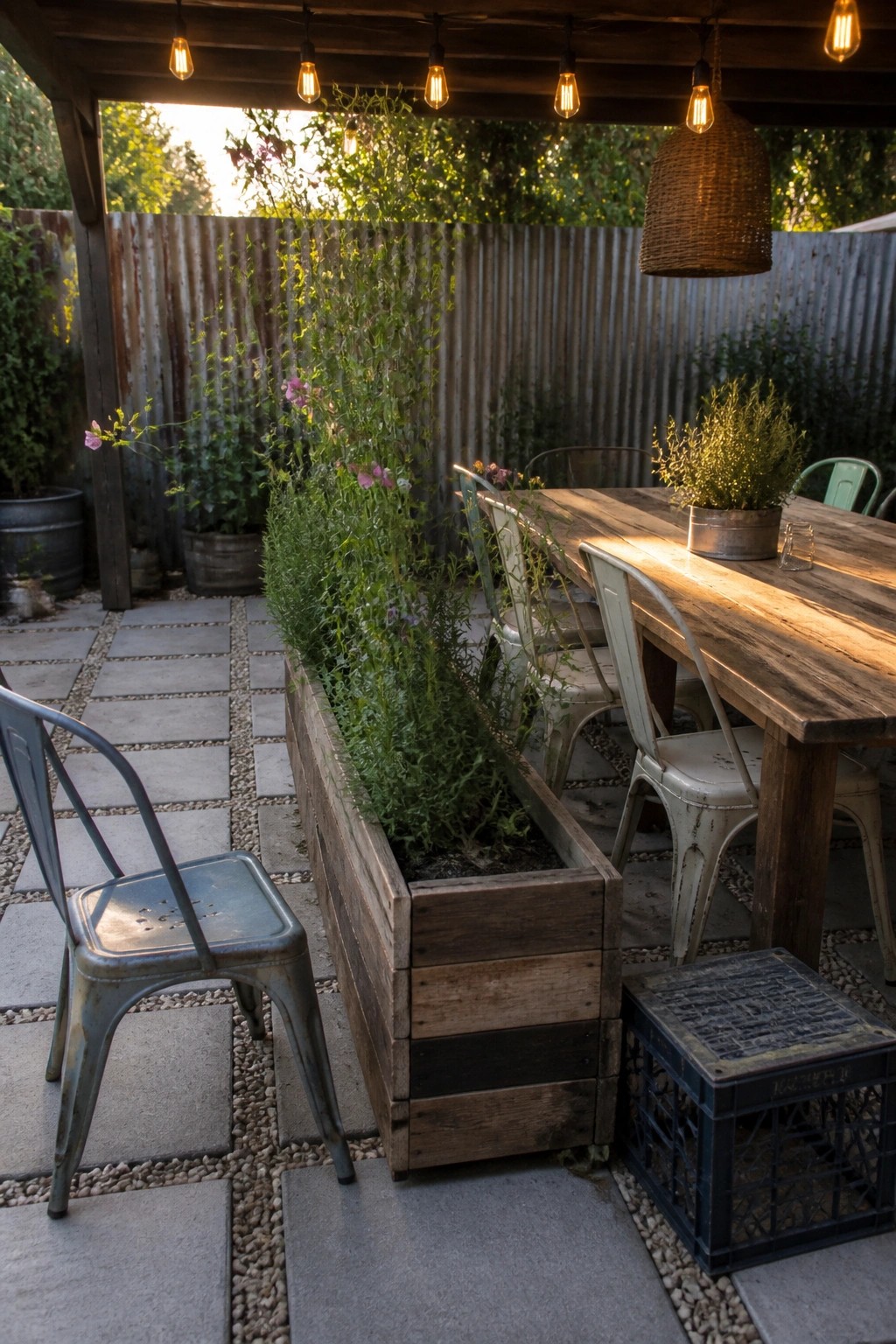 Rustic wooden table with metal chairs beside plant-filled planter box under string lights