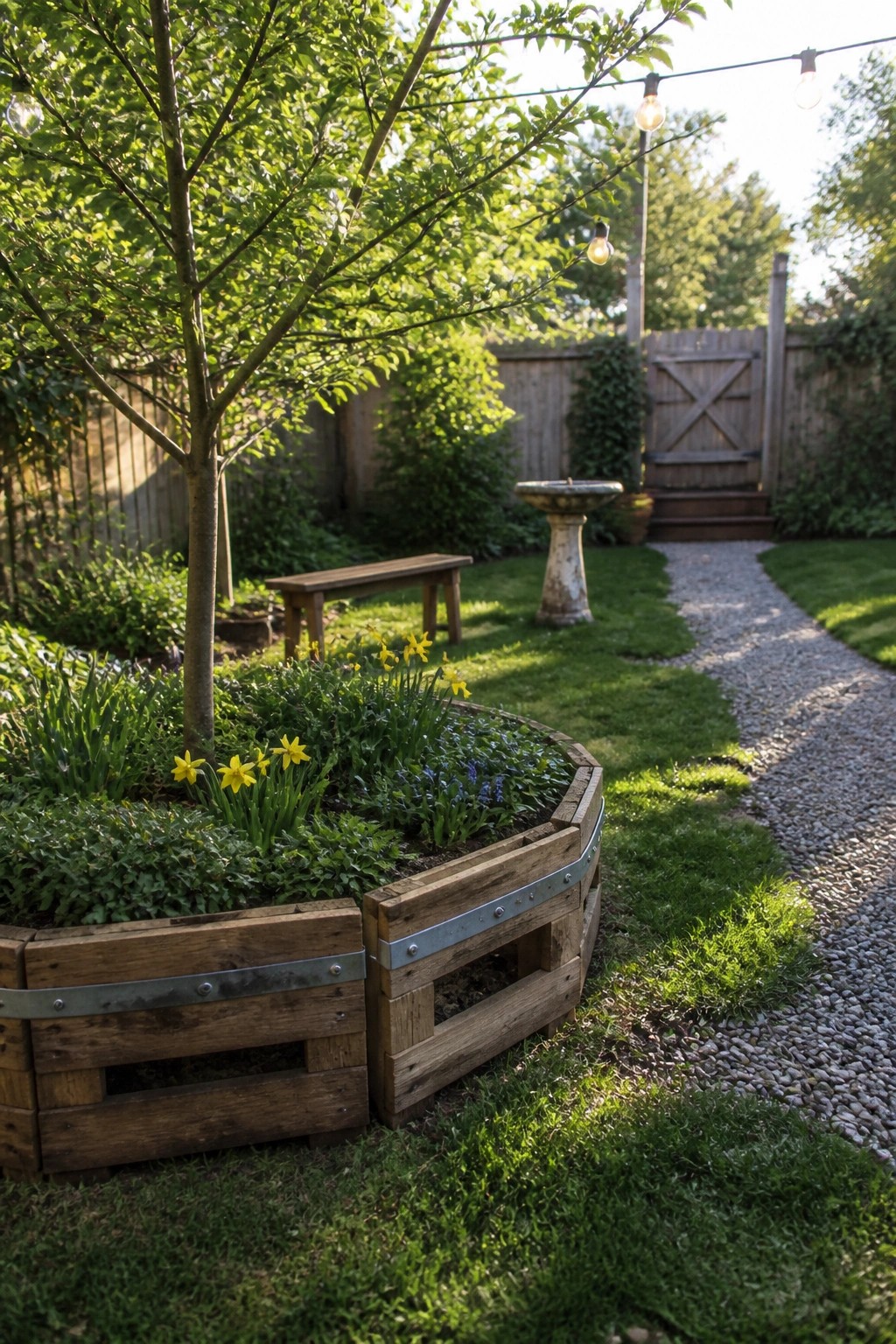 Wooden pallet sections formed into a curved raised garden bed filled with yellow daffodils and green plants beside a gravel path.