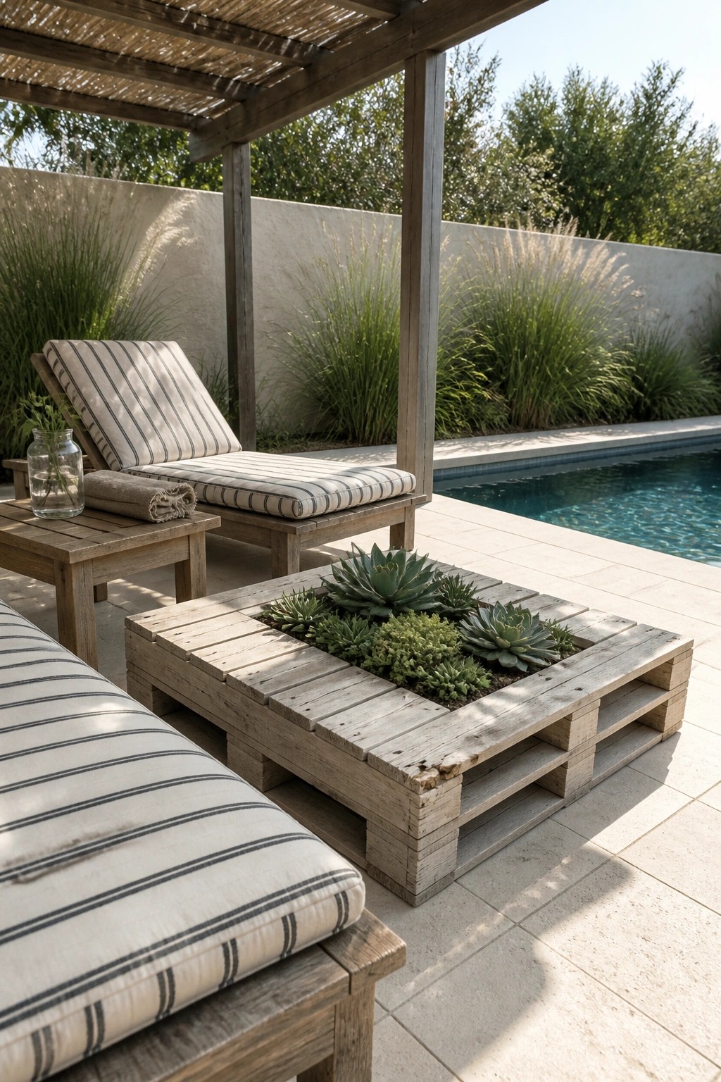 A weathered wooden pallet filled with succulents sits on a stone patio beside striped lounge chairs near a swimming pool.