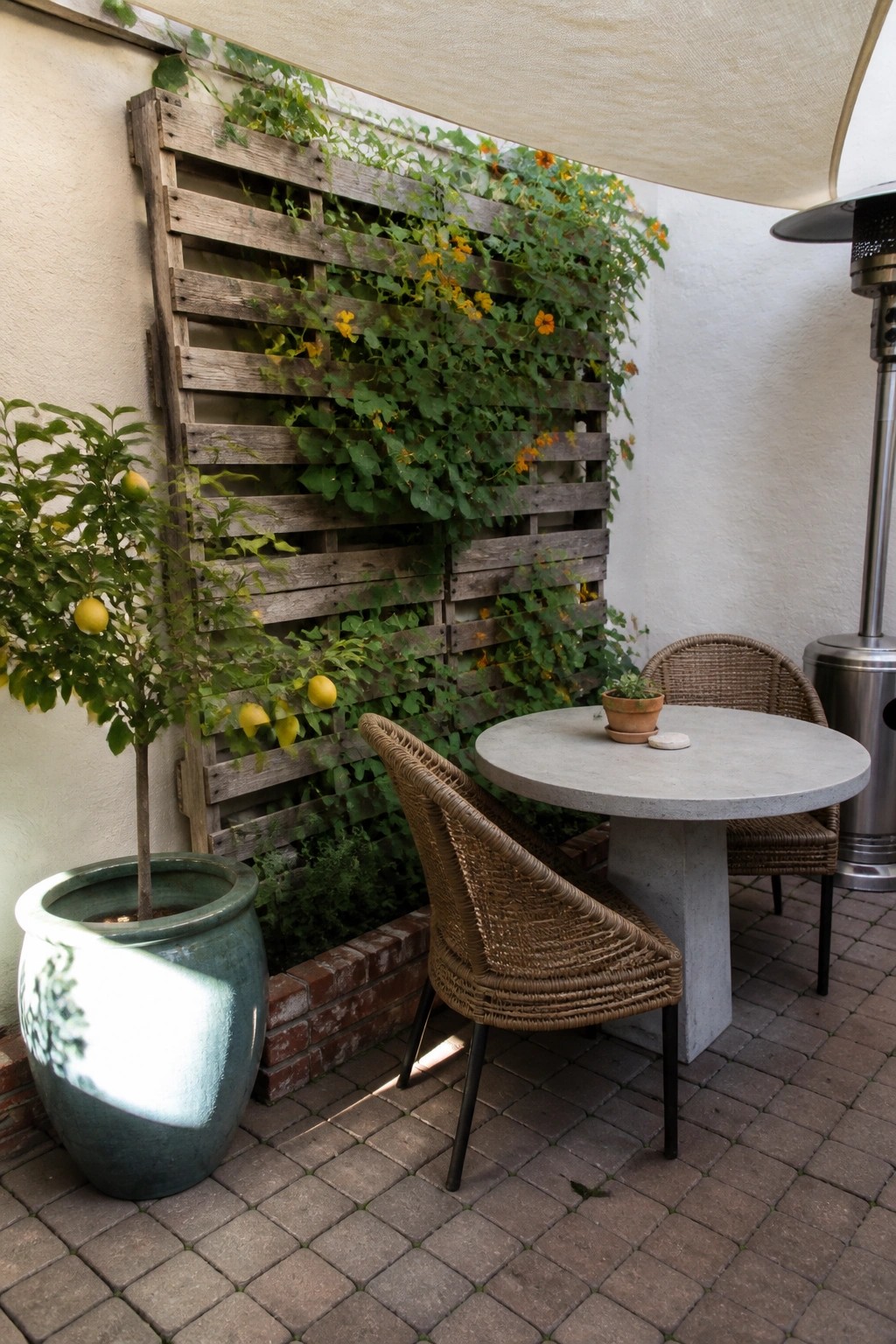 A weathered wooden pallet mounted on an exterior wall holds green vines and orange flowers, positioned beside a large potted citrus tree and a round concrete table with wicker chairs on a brick patio.