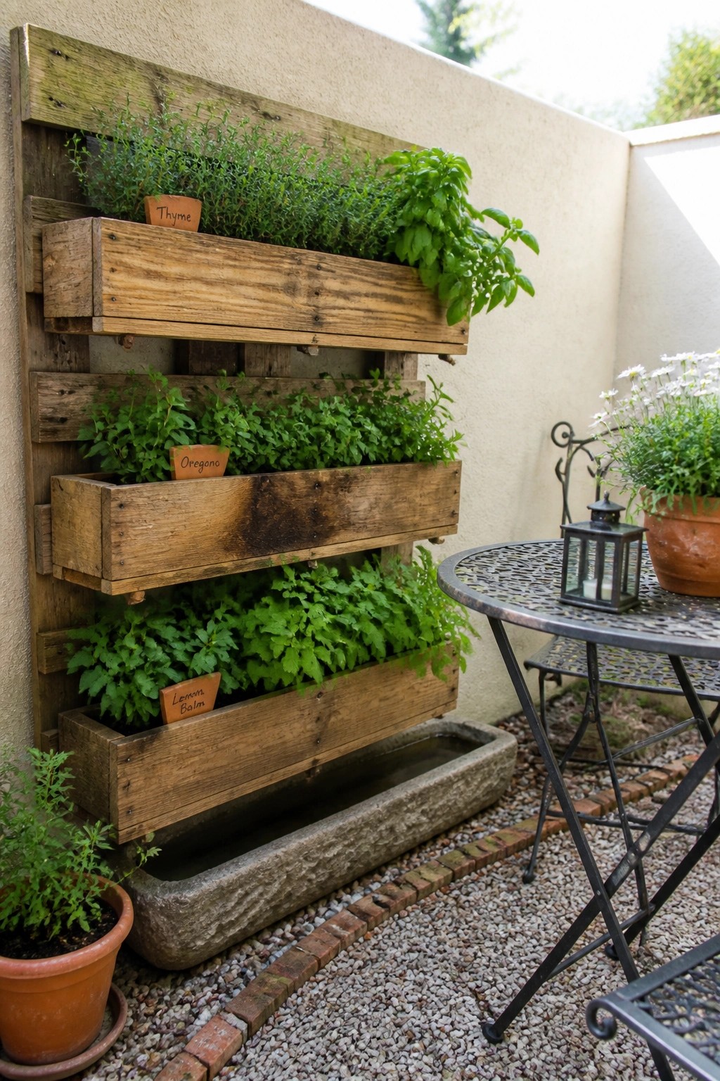Weathered wooden pallets mounted vertically on an outdoor wall hold rows of herb plants in labeled boxes above a stone trough, with a metal patio table and potted plants visible nearby on gravel.