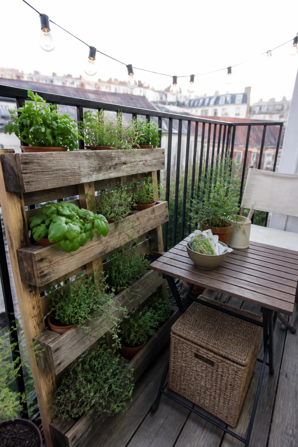 A wooden pallet mounted on a balcony railing holds multiple potted herbs, with a small table and woven basket nearby.