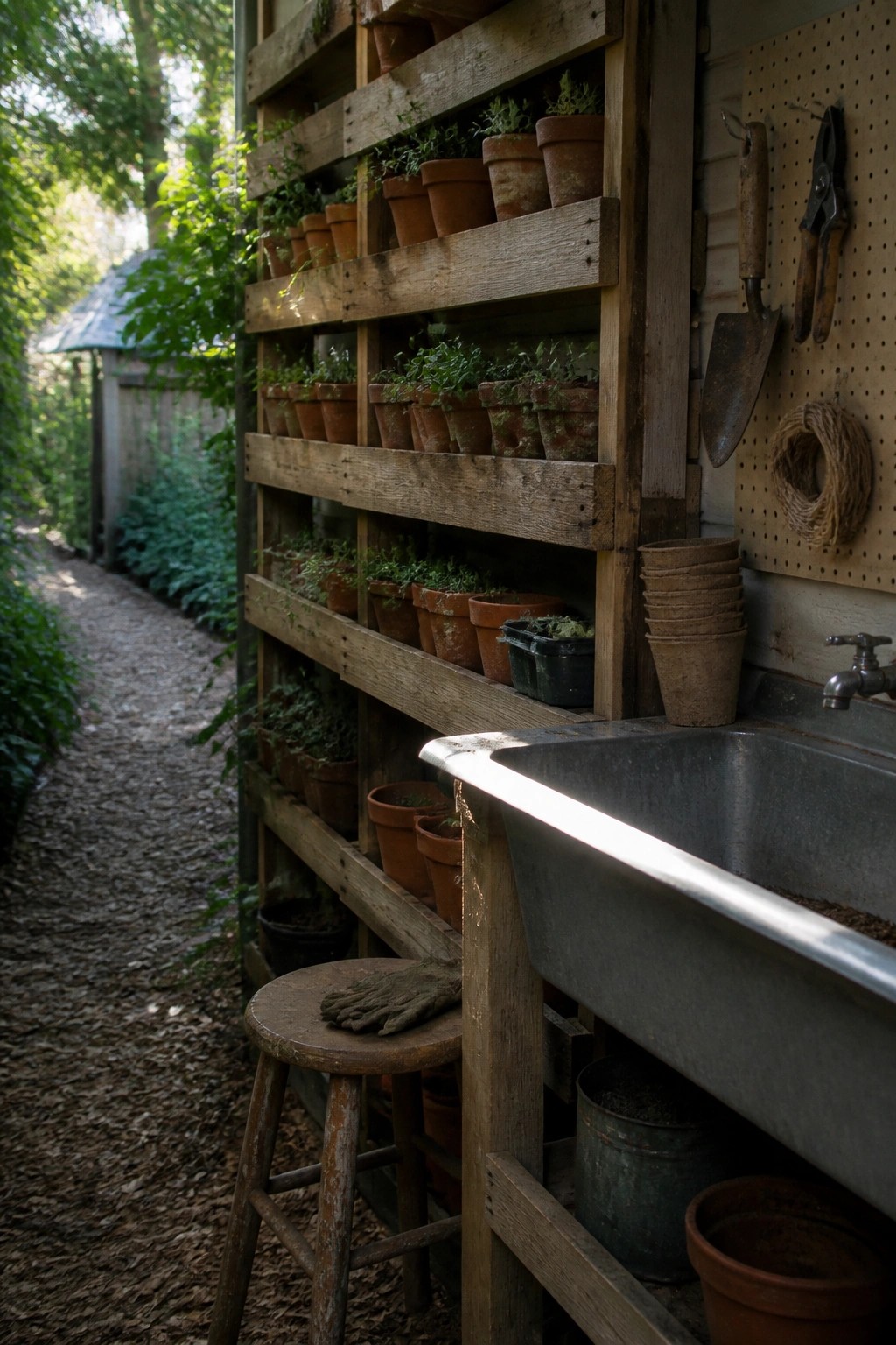 Wooden shelves of terracotta pots beside metal sink, pegboard tools, and stool