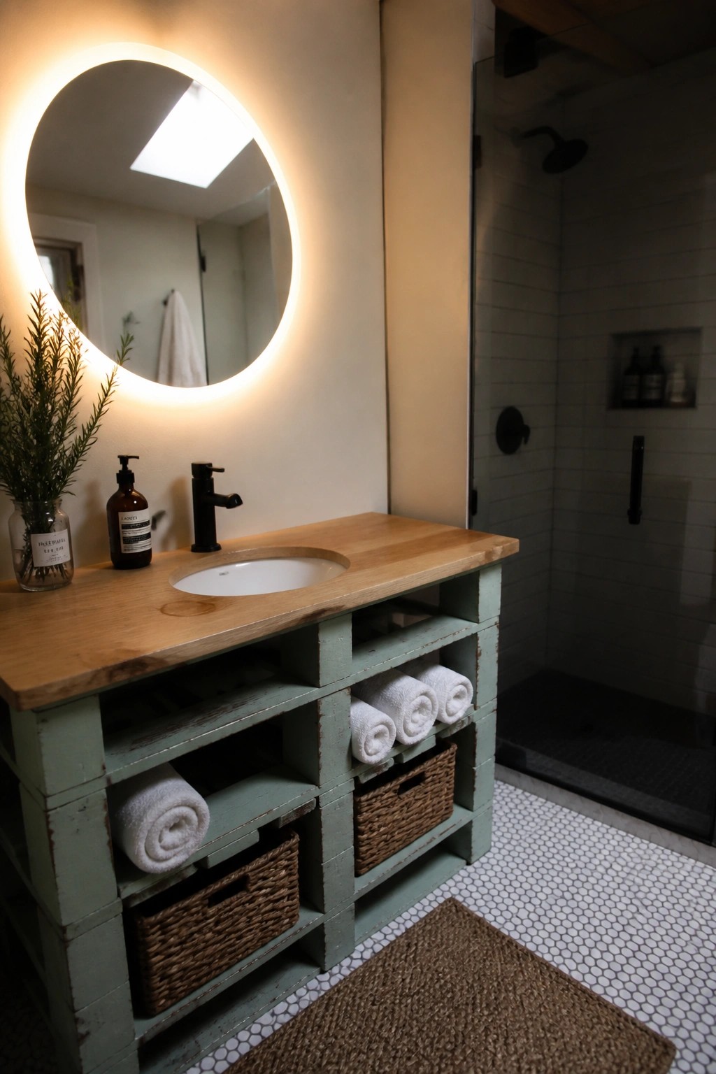 A bathroom vanity built from painted wooden pallets holds a round sink on a wood top, with woven baskets and rolled towels stored in the open compartments, beside a tiled shower.