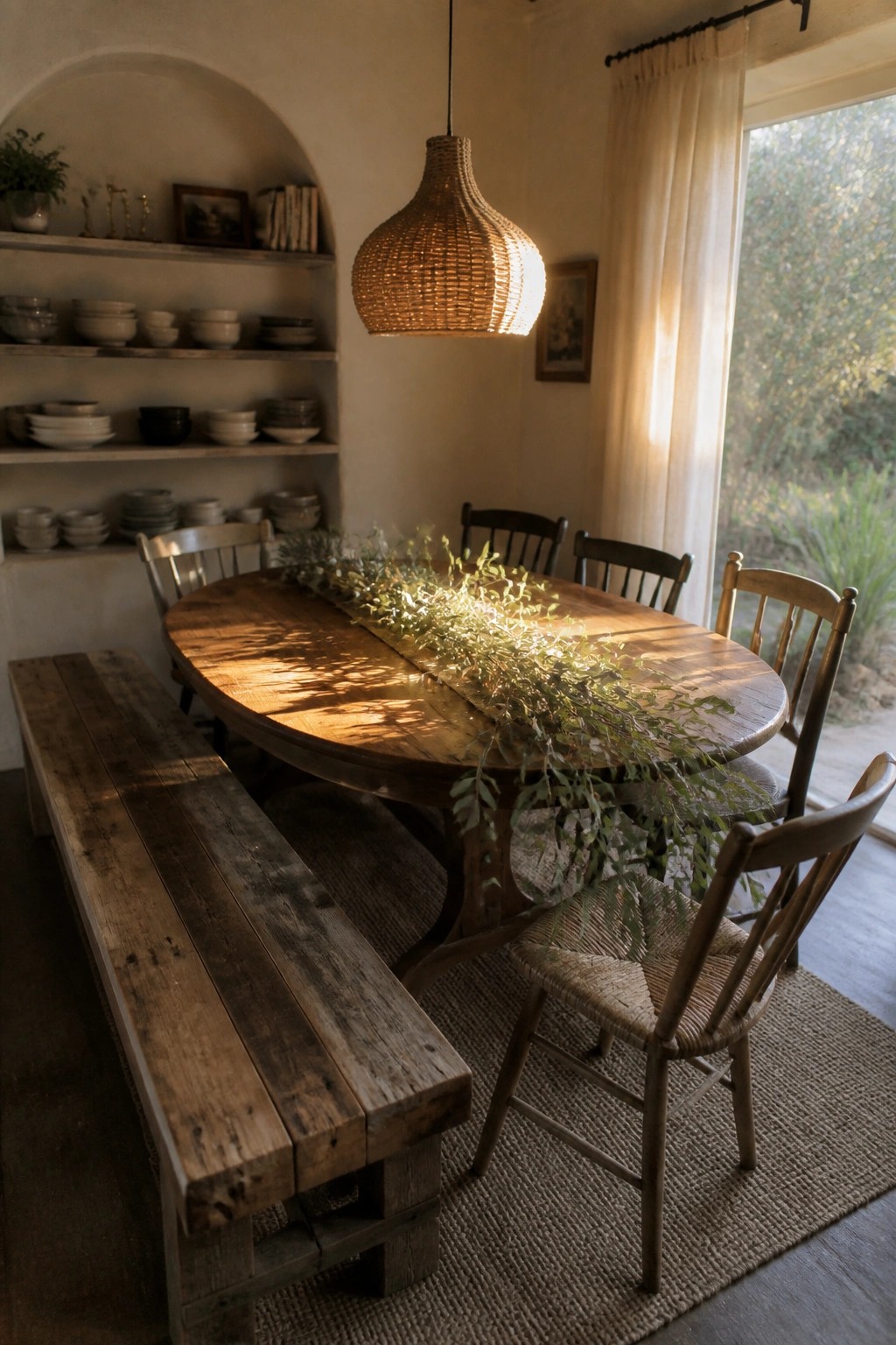 Rustic wooden table with greenery runner, bench, chairs, and glowing woven pendant light.