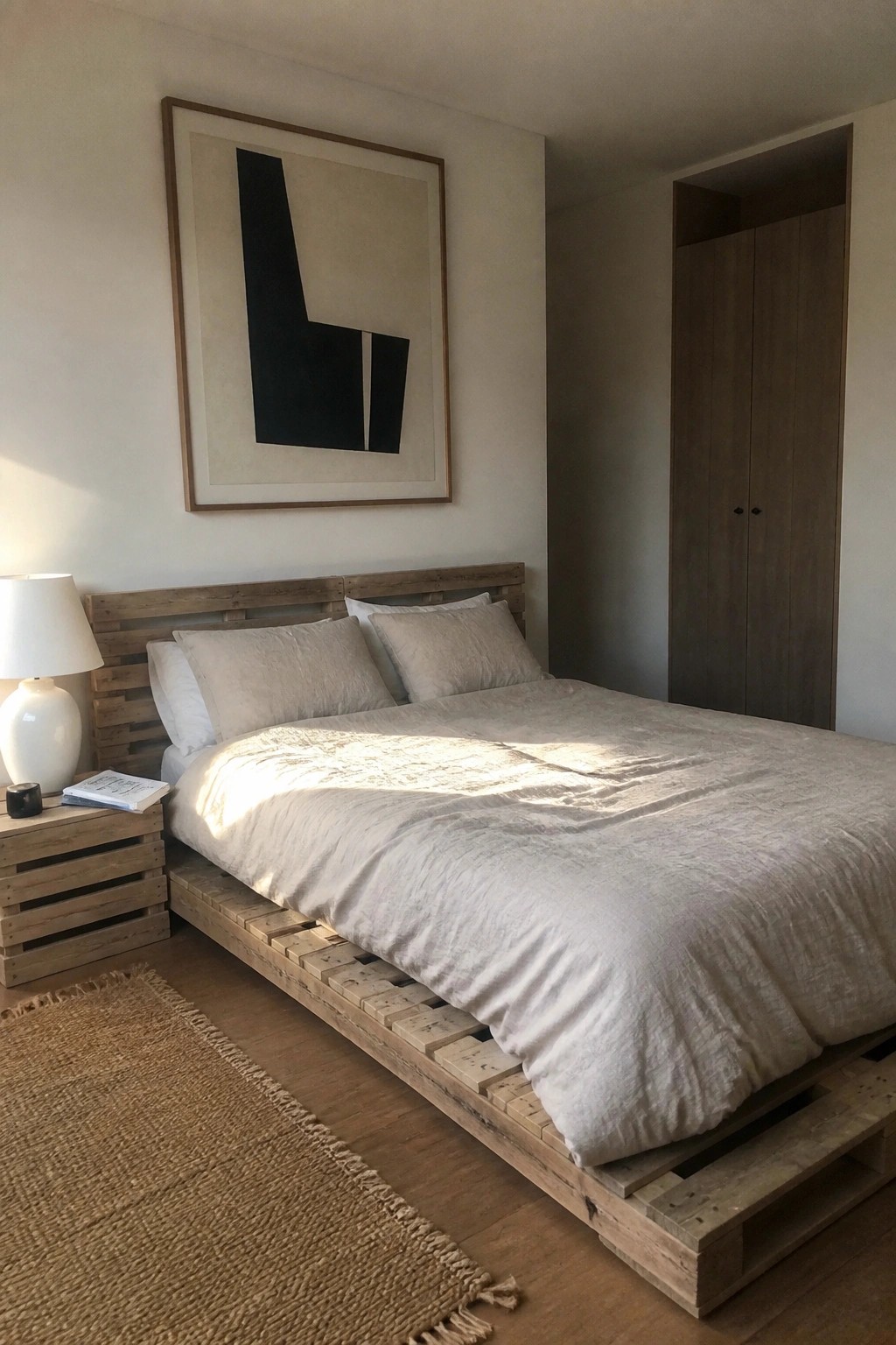 A bedroom interior showing a low bed and matching nightstand made from wooden pallets, with white bedding and a woven rug on the floor.