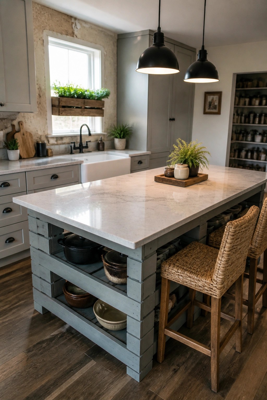 A painted wood pallet kitchen island with a marble top, open shelving holding pots and bowls, and two woven bar stools.