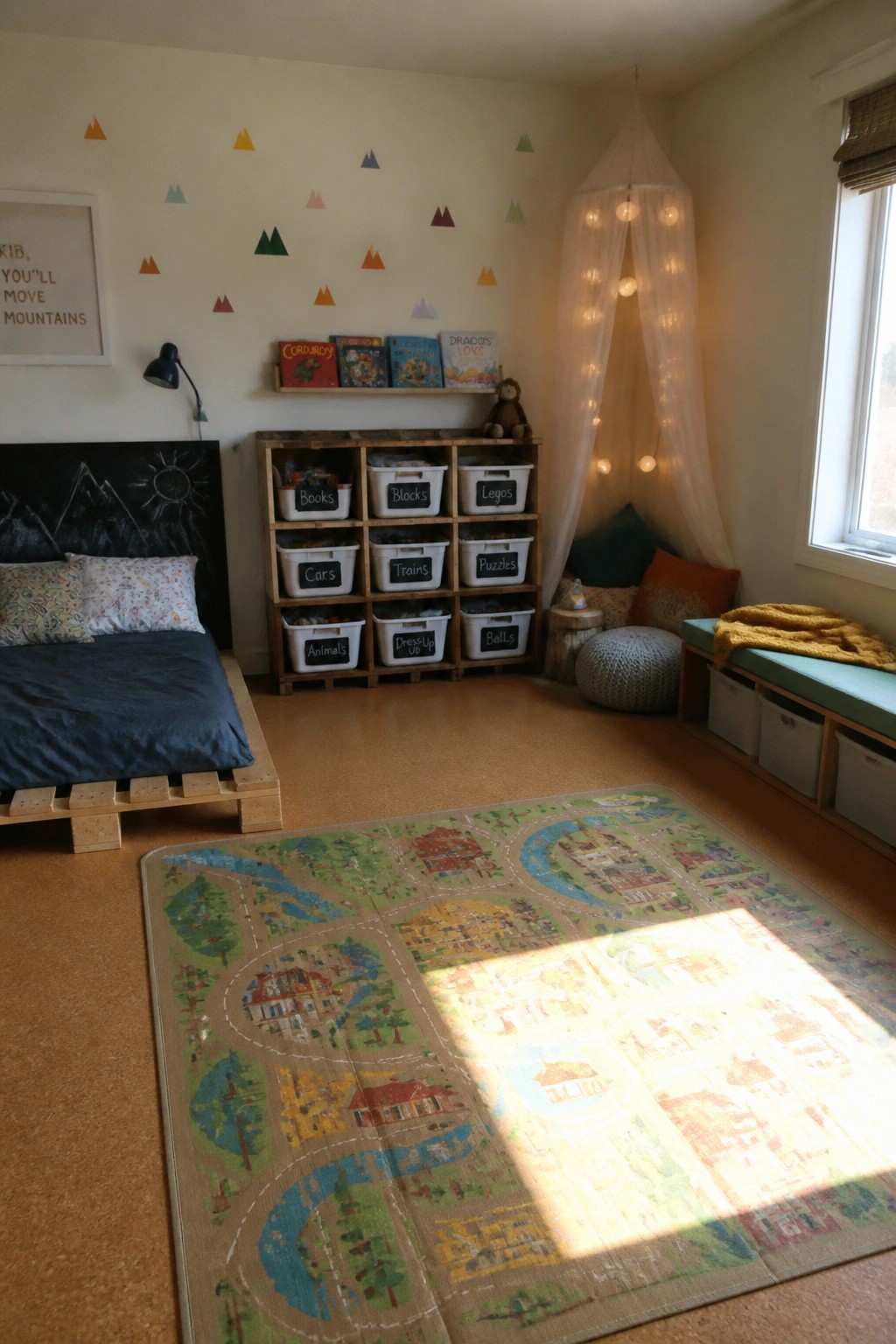 A child's bedroom with a bed frame made from wooden pallets, storage bins on shelves, a colorful play mat, and a window seat with string lights.
