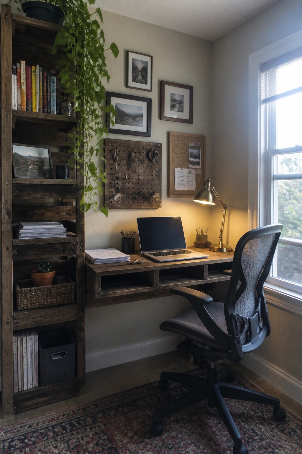 A corner home office with a wall-mounted wooden desk made from salvaged boards, a laptop on top, a black office chair, and a tall wooden bookshelf filled with books and plants.