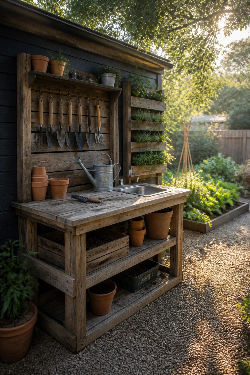 A wooden potting bench made from salvaged planks stands against a dark shed in a garden, holding tools, pots, a metal watering can, and a small sink, with vertical herb planters and raised garden beds visible nearby.