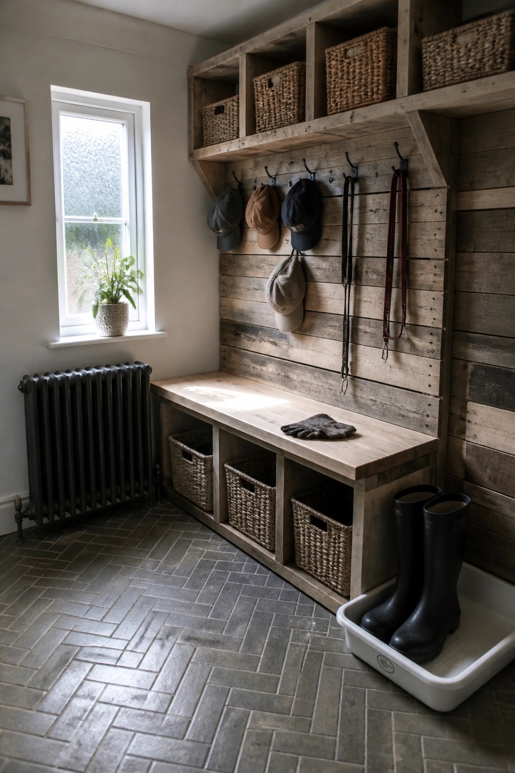 A wooden built-in mudroom bench with cubbies holding woven baskets below, metal hooks on the wall above holding caps and leashes, and black boots resting in a white tray on a gray tiled floor.