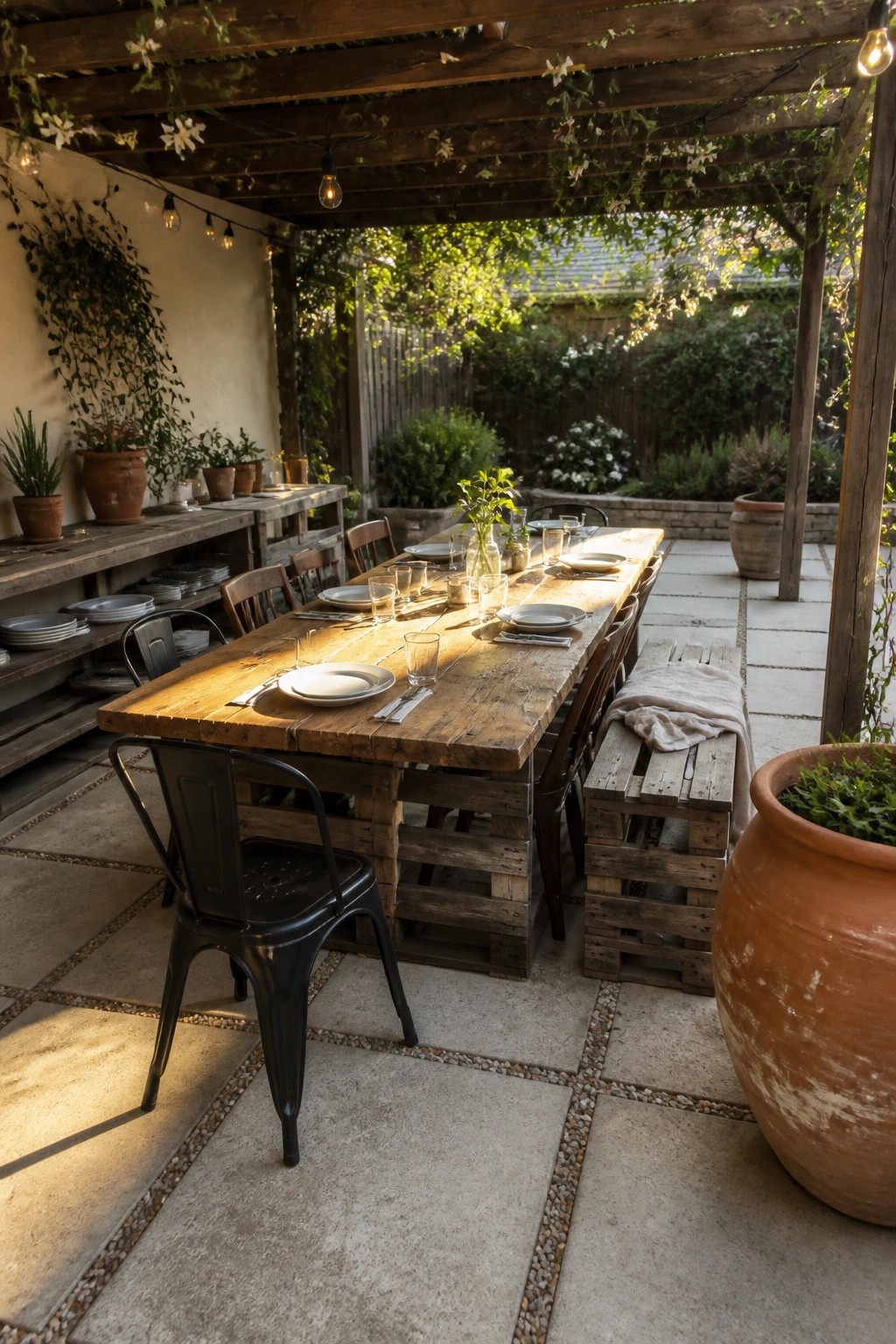 A long wooden dining table and benches made from pallets sit on a stone patio under a wooden pergola with string lights and potted plants nearby.