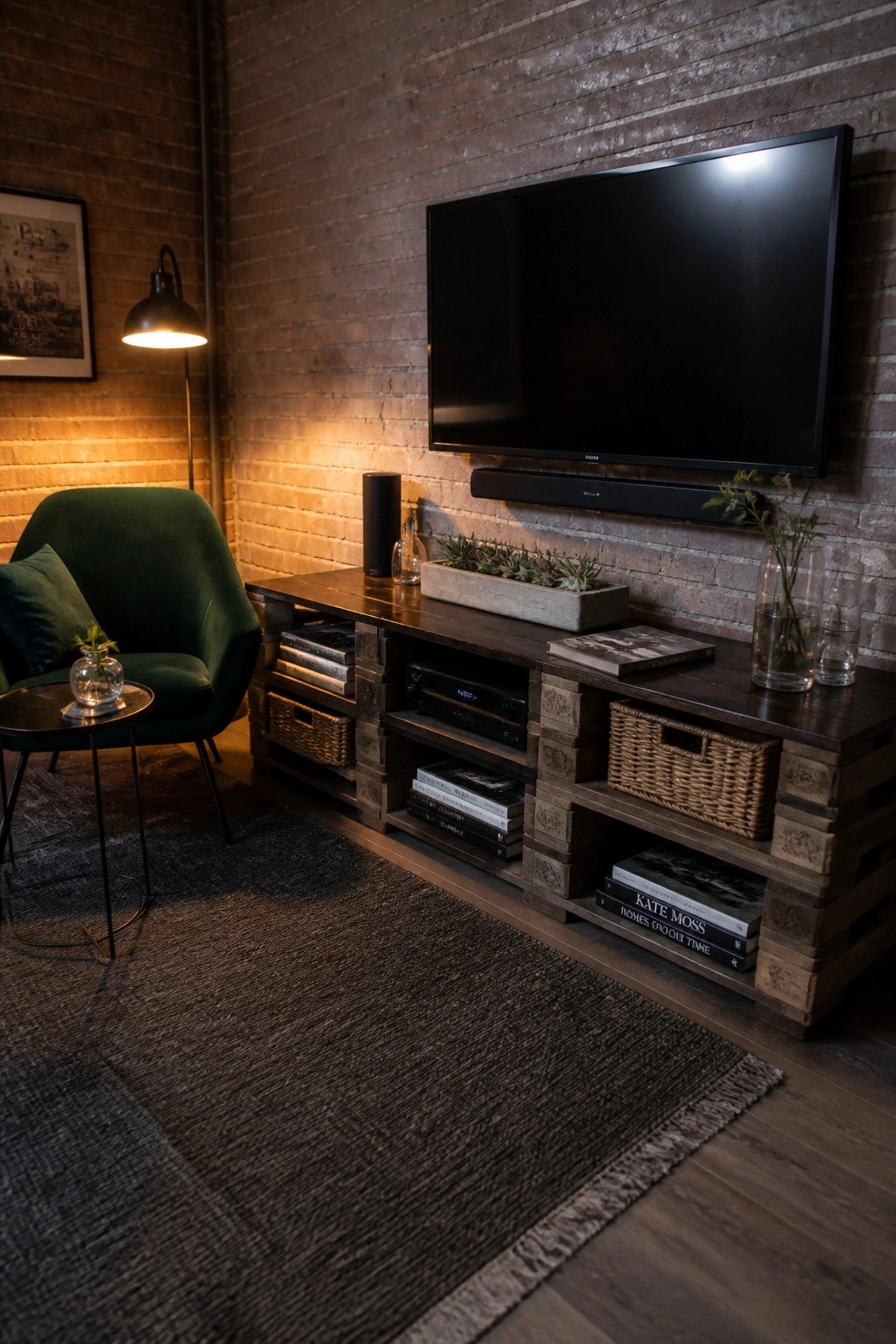 A living room with a dark wood pallet TV console holding a flat screen television, soundbar, books, baskets, and plants against a brick wall.